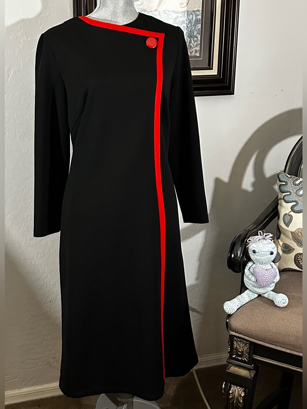 VTG Création Guite Villedey Paris A-Line Midi Dress Red Trim Black Crepe FR 44 U